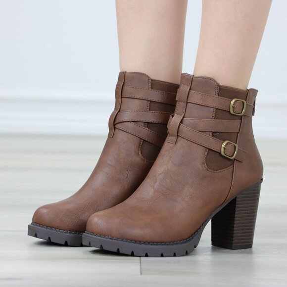 Brown Ankle Boots Chunky Lug Block Heel Synthetic Leather Round Toe - Picture 11 of 13